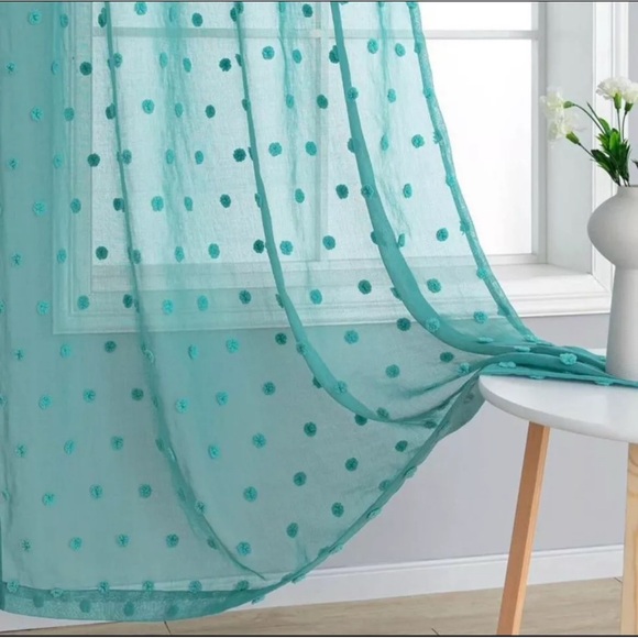 Anthropologie Teal Pom Pom Curtain Panels (2) - Picture 2 of 6
